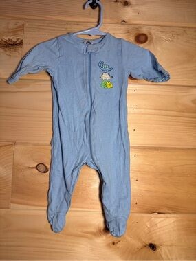Blue Baby Footed One-Piece Sleepwear with Animal Embroidery